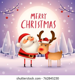 Merry Christmas! Santa Claus and Reindeer in Christmas snow scene. Winter landscape.