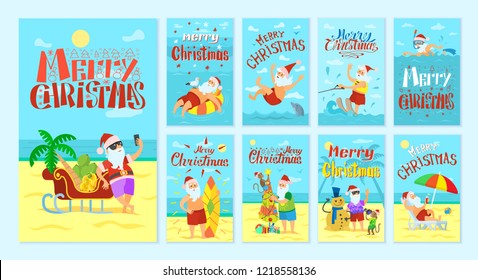 Merry Christmas Santa Claus resting on islands vector. Old man talking photos and swimming with dolphin, seagull and monkey. Snowman made of sand