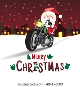 Merry Christmas. Santa Claus riding a motorcycle to delivering Christmas gifts