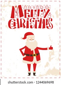 Merry Christmas Santa Claus showing ok sign or approval gesture. Wintertime vector greeting card with New Year cartoon character sticker on grunge backdrop