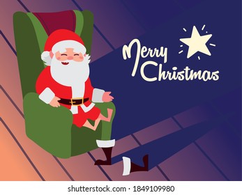 merry christmas, santa claus sitting on chair resting vector illustration