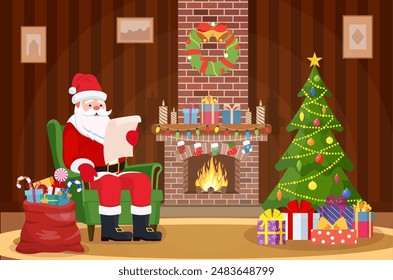 Merry Christmas. Santa Claus sitting in armchair near fireplace in living room and reading wish list. Christmas background Vector illustration in flat style