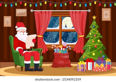 Felices Navidades. Papá Noel sentado en el sillón en la sala de estar y leyendo la lista de deseos. Navidades de fondo. Árbol de Navidad, ventana de invierno, regalos en la bolsa. Ilustración vectorial en estilo plano