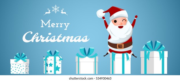 Merry christmas. Santa Claus sitting on gift box. Christmas and Happy New Year. Cartoon Vector Illustration