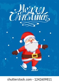 Merry Christmas, Santa Claus skating on skate rink isolated on blue snowy background. Saint Nicholas and winter sport activities, vector character in cartoon style