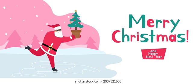 merry christmas  santa  claus skating on ice rink with potted spruce vector illustration