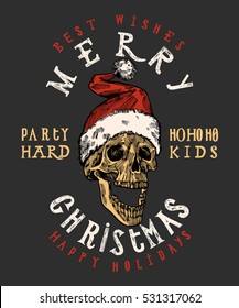 merry Christmas Santa Claus skull print. tough Christmas lettering. rock Christmas t shirt print.