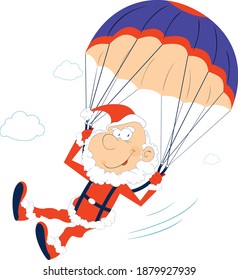 Merry Christmas. Santa Claus skydiver illustration. Comic skydiver Santa Claus derives enjoyment from jumping isolated on white

