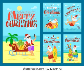 Merry Christmas, Santa Claus and sleigh full of fruits. Vector New Year character in tropical country at coastline, swimming and surfing in sea, decorate umbrella