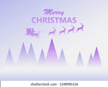 Merry Christmas. Santa Claus in a sleigh with reindeer flying.  
Winter landscape with fir trees. Vector illustration