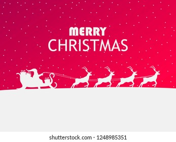 Merry Christmas. Santa Claus in a sleigh with reindeer. Greeting card with winter landscape design. Vector illustration