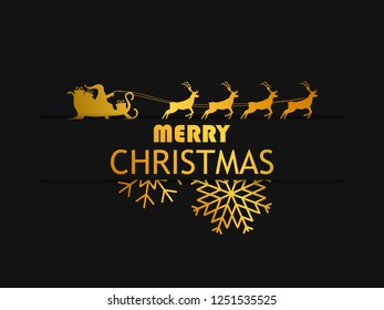 Merry Christmas. Santa Claus in a sleigh with reindeer on black background. Greeting card design template with golden gradient. Vector illustration