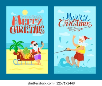 Merry Christmas, Santa Claus and sleigh full of bananas and grapes, palm tree. Vector New Year character riding on water skis, waving hand and greeting everyone