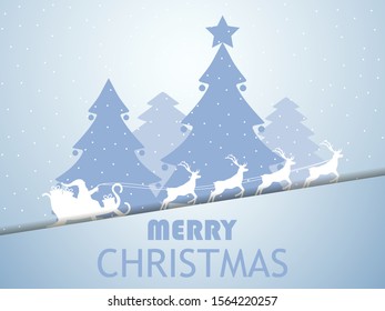 Merry Christmas. Santa Claus in a sleigh with reindeer. Greeting card with winter landscape design. Paper cut style. Snowfall, Christmas trees on the background. Vector illustration