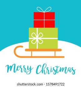 Merry Christmas. Santa Claus sleigh sled icon. Cute sledge on snowdrift. Gift box present set. Happy New Year. Greeting card. Blue background. Flat design. Vector illustration