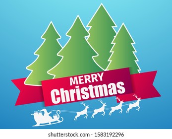 Merry Christmas. Santa Claus in a sleigh with reindeer. Paper cut style. Snowfall, Christmas trees on the background. Vector illustration