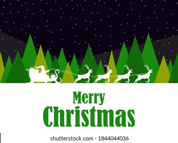 Merry Christmas. Santa Claus in a sleigh with reindeer and winter landscape with fir trees and falling snow. Winter festive night. Greeting card in a modern design style. Vector illustration