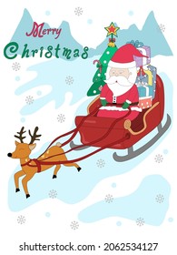 merry christmas with santa claus and sleigh Designed in doodle style for Christmas themes, gifts, covers, decorations, cards, patterns, pillows, t-shirts, digital prints, digital paper and more 