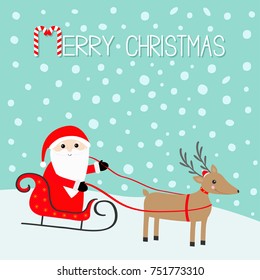 Merry christmas. Santa Claus Sleigh Deer with horns, red hat, scarf. Candy cane. Cute cartoon reindeeer head. Snowdrift. Blue winter snow background. Greeting card Flat design. Vector illustration
