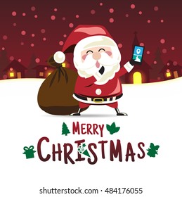 Merry Christmas. Santa Claus smartphone a GPS apply to delivering Christmas gifts
