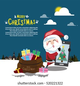Merry Christmas. Santa Claus a smartphone apply to delivering  gifts,