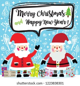 Merry Christmas! Santa Claus in Christmas snow scene,Greeting Christmas and New Year cute typography