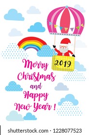 Merry Christmas! Santa Claus in Christmas snow scene,Greeting Christmas and New Year 2019 cute typography