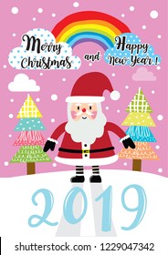 Merry Christmas! Santa Claus in Christmas snow scene,Greeting Christmas and New Year 2019 cute typography