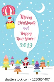 Merry Christmas! Santa Claus in Christmas snow scene,Greeting Christmas and New Year 2019 cute typography