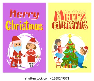 Merry Christmas, Santa Claus and Snow maiden in costumes vector postcards in round brush frame. Xmas winter holidays characters, bag with snowman print