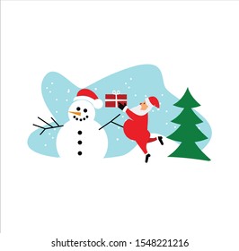 Merry Christmas! Santa Claus IN Christmas Snow Christmas premium greeting background flat design banner. Merry Christmas Funny Santa Claus With Gift On Stock Illustration