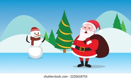 Merry Christmas, Santa Claus and snow man with Christmas tree background