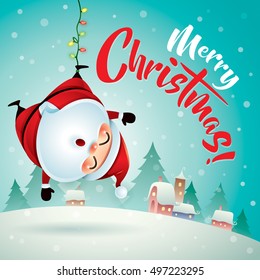 Merry Christmas! Santa Claus in Christmas snow scene. Christmas greeting card.
