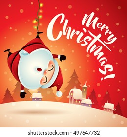 Merry Christmas! Santa Claus in Christmas snow scene. Christmas greeting card.