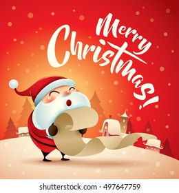 Merry Christmas! Santa Claus in Christmas snow scene. Christmas greeting card.