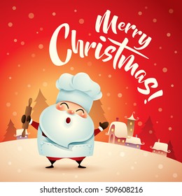 Merry Christmas! Santa Claus in Christmas snow scene. Christmas greeting card.