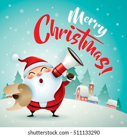 Merry Christmas! Santa Claus in Christmas snow scene. Christmas greeting card.