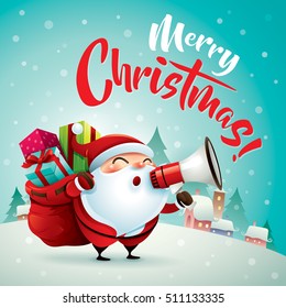 Merry Christmas! Santa Claus in Christmas snow scene. Christmas greeting card.