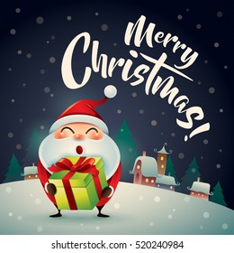 Merry Christmas! Santa Claus in Christmas snow scene. Christmas greeting card. 