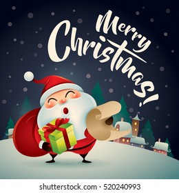 Merry Christmas! Santa Claus in Christmas snow scene. Christmas greeting card. 