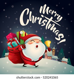 Merry Christmas! Santa Claus in Christmas snow scene. Christmas greeting card. 