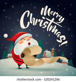 Merry Christmas! Santa Claus in Christmas snow scene. Christmas greeting card. 