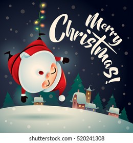 Merry Christmas! Santa Claus in Christmas snow scene. Christmas greeting card. 