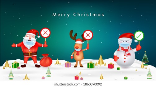 Merry Christmas Santa Claus, snowman with surgical mask protect coronavirus. Raising correct and wrong marks for wearing a mask. Vector EPS10