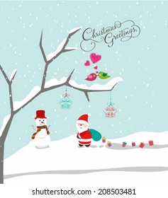 Merry christmas with santa claus, snowman and gift background