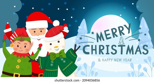 Merry Christmas! Santa Claus, snowman, and elf on winter background vector illustration. Cute cartoon funny characters. Greeting card, poster, banner printing. Flat design.