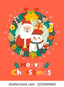 Merry Christmas; Santa Claus and snowman celebrate Xmas