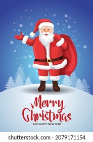 merry Christmas, Santa Claus standing with gift bag. vector illustration design