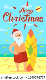 Merry Christmas, Santa Claus and surfing board, character on summer rest. Vector Saint Nicholas surfer in tropical country, man in hat and beard, vector