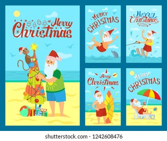 Merry Christmas, Santa Claus and surfing board, Xmas character on summer rest riding on water skis. Vector Saint Nicholas resting on sunbed, swimming with dolphin